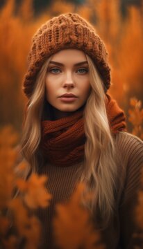 Portrait of beautiful natural model woman in autumn clothing. Hat, scarf and trench coat in fall colors. Stunning beautiful face with minimal makeup and lips. Halloween colors.