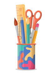 Colored stationery for school such as ruler, scissors, pencils, pen, brush in holder or cup. Back to school. Pencil stand isolated on white background. Design for banner, poster, social media, web, ad
