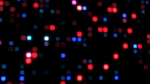 4K Glowing colorful small dots digital landscape technology background 3d cube particles moving. Dark technology bg glowing random dots in grid. Footage for Big data, machine learning, virtual space.
