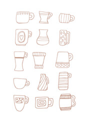 Set of bright beautiful mugs in a retro style on a white background. Tea drinking. Beverages. Design element. Beautiful glassware for drinks. Vector illustration. Flat design.