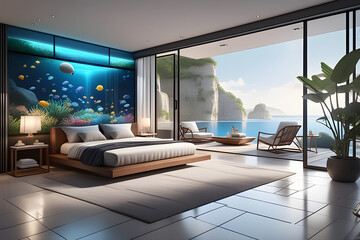 bedroom with wonderful fish tank and nice view balcony