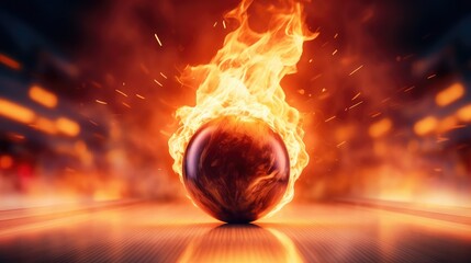 A burning bowling ball rolling towards the pins - obrazy, fototapety, plakaty