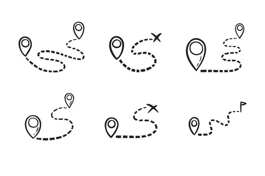 hand drawn map distance measuring icon. Doodle Map route vector pictogram isolated set.