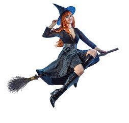 Halloween Witch flying on a broomstick. Female wizard fairy character for All Saints' Day. Fantasy...