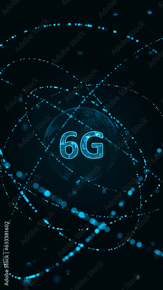 Poster blue digital 6g letter with particle ring circle rotation and earth sphere with ai technology icon o