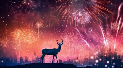 Deer having fun at a New Years Eve party with firework.Generative AI