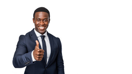 Successful Afro-american businessman in formal suit wear showing thumb up isolated on white background.