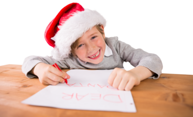 Digital png photo of caucasian boy with santa claus hat on transparent background