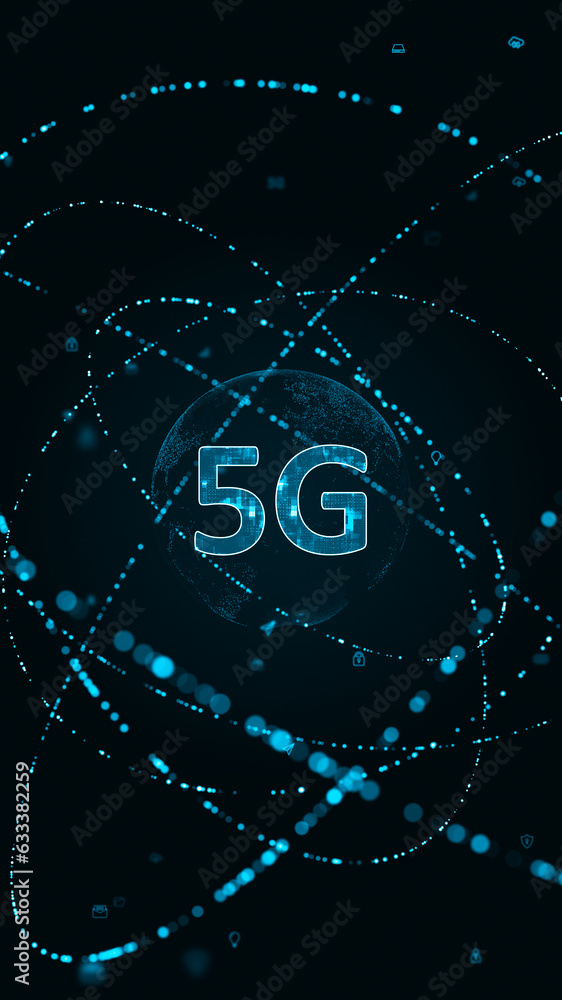 Poster blue digital 5g letter with particle ring circle rotation and earth sphere with ai technology icon o