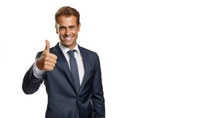 Successful businessman in formal suit wear showing thumb up isolated on white background.