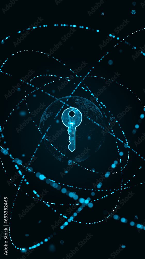 Poster blue security key logo with particle ring circle rotation and earth with ai technology icon on futur