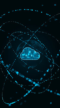 Blue digital cloud computing logo with particle ring circle and earth sphere with ai technology icon on futuristic abstract background storage big data backup vertical