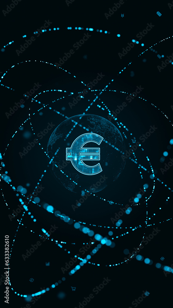 Poster blue digital money logo with particle ring circle rotation and earth sphere with ai technology icon 