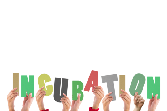 Digital png illustration of hands with incubation text on transparent background - Powered by Adobe