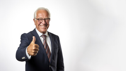 Successful senior businessman in formal suit wear showing thumb up isolated