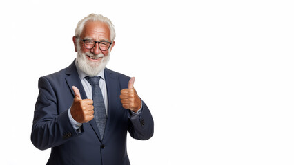 Successful senior businessman in formal suit wear showing thumb up isolated