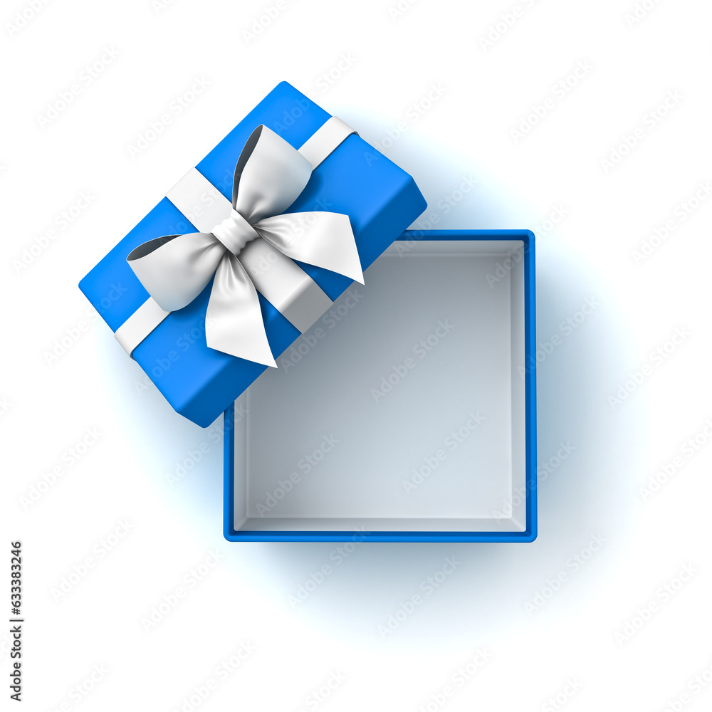 Leinwandbilder blank blue gift box or top view of open blue present box with white ribbon and bow isolated on white