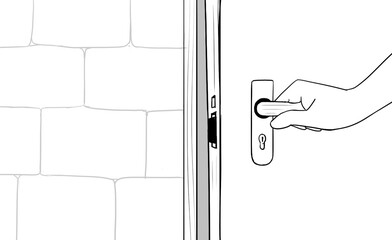 hand holding door handle opening door line illustration