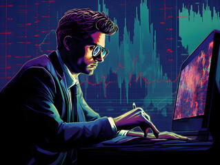 Illustration of a man looking at charts, trading stocks/crypto