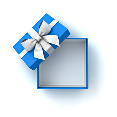 Blank blue gift box or top view of open blue present box with white ribbon and bow isolated on white background with shadow minimal concept 3D rendering