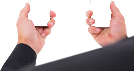 Digital png photo of hands of caucasian businessman on transparent background