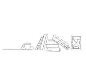 Continuous line art drawing of books and a cup of cofee. A cup of coffe over the books single line art drawing vector illustration.