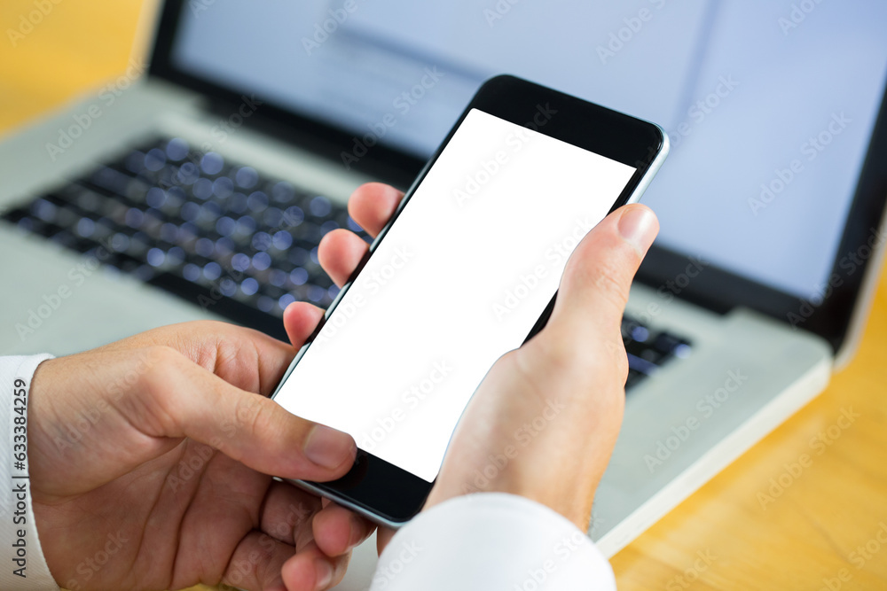 Poster digital png photo of hands using smartphone with copy space on transparent background