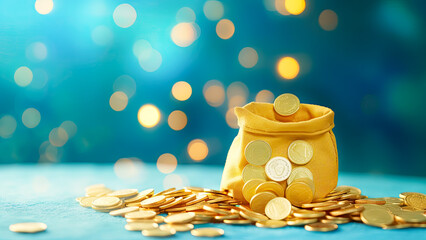 Gold coins falling down in yellow bag on blue background with bokeh effect. Falling money background. Jackpot, luck, earnings, wealth  or success concept. Copy space