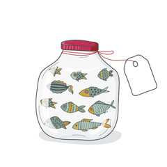 Bright cute fish swim in a jar. Vector illustration.
