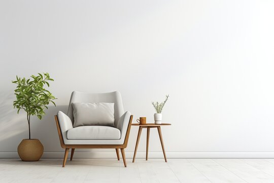 Modern minimalist interior design featuring a rendered image of an armchair against a clean, white wall background.