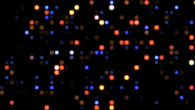 4K Glowing colorful small dots digital landscape technology background 3d cube particles moving. Dark technology bg glowing random dots in grid. Footage for Big data, machine learning, virtual space.
