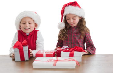 Digital png photo of caucasian children opening presents on transparent background