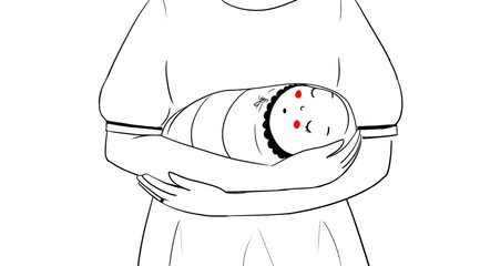mother holding, hugging her baby, baby in mother's hands line illustration