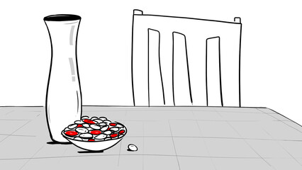 empty vase and plate with berry at the table line illustration
