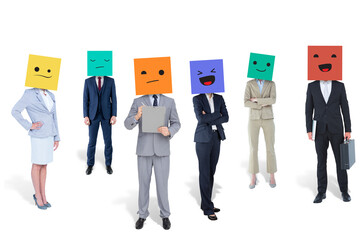 Digital png photo of diverse women and men businessmen with boxes on heads on transparent background