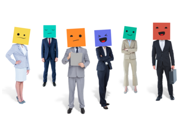 Digital png photo of diverse women and men businessmen with boxes on heads on transparent background