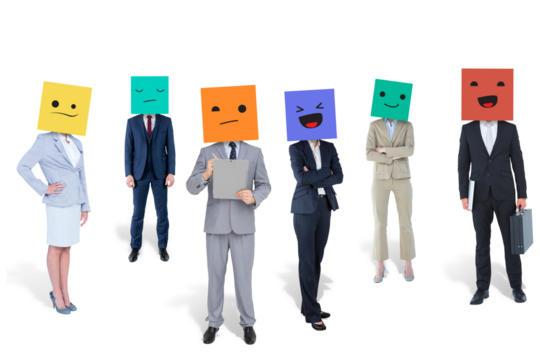 Digital png photo of diverse women and men businessmen with boxes on heads on transparent background - Powered by Adobe