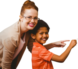 Digital png photo of happy diverse teacher and boy standing on transparent background