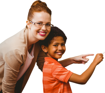 Digital png photo of happy diverse teacher and boy standing on transparent background
