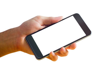 Digital png illustration of hand holding smartphone with copy space on transparent background