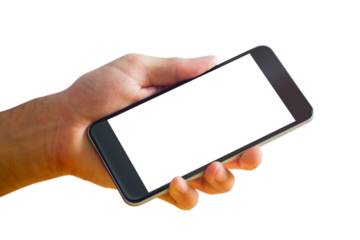 Digital png illustration of hand holding smartphone with copy space on transparent background