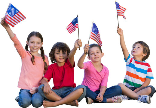 Naklejka Digital png photo of happy diverse children sitting and holding us flag on transparent background
