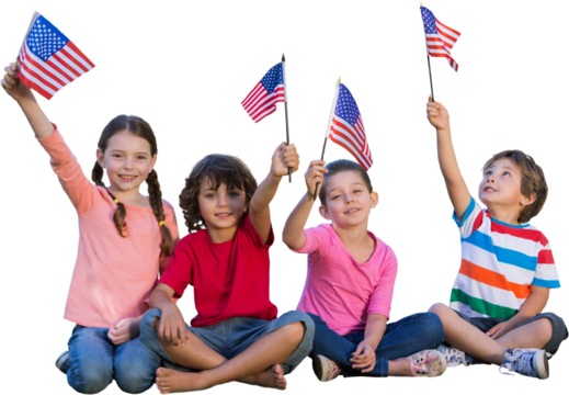 Digital png photo of happy diverse children sitting and holding us flag on transparent background