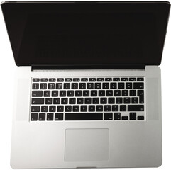 Digital png photo of silver laptop with black screen on transparent background