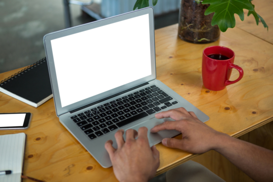 Digital png photo of man's hands and laptop with copy space on transparent background
