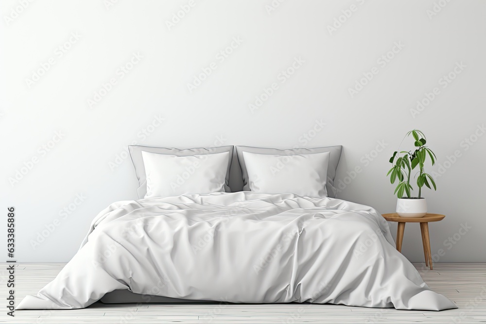 Aufkleber a mockup image is showcasing a set of bedding items with a white bed in the foreground. the view is 