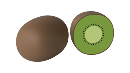 Whole kiwi fruit and his sliced segments isolated on white background. Realistic vector illustration