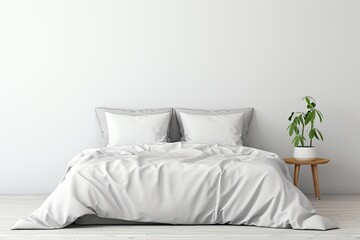 Fototapeta na wymiar A mockup image is showcasing a set of bedding items with a white bed in the foreground. The view is from the front, and there is a clipping path included. The bedding set includes pillows, a duvet