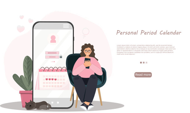 Mobile app with personal period calendar, calendar for menstruation control and pregnancy planning, woman with mobile phone scheduling period with marked days, women cycle tracker