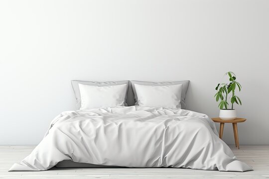 A mockup image is showcasing a set of bedding items with a white bed in the foreground. The view is from the front, and there is a clipping path included. The bedding set includes pillows, a duvet